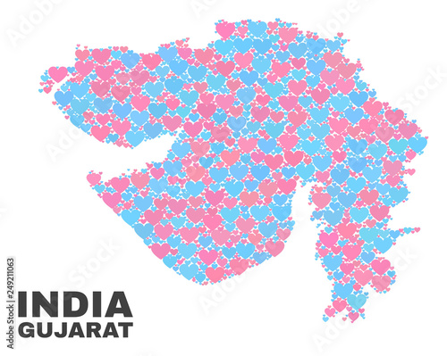 Mosaic Gujarat State map of love hearts in pink and blue colors isolated on a white background. Lovely heart collage in shape of Gujarat State map. Abstract design for Valentine decoration.