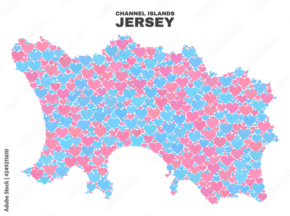 Obraz premium Mosaic Jersey Island map of valentine hearts in pink and blue colors isolated on a white background. Lovely heart collage in shape of Jersey Island map. Abstract design for Valentine illustrations.