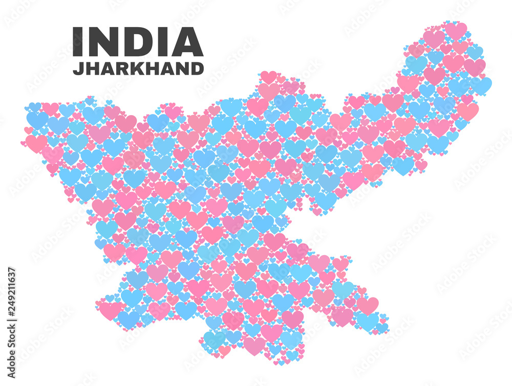 Fototapeta premium Mosaic Jharkhand State map of lovely hearts in pink and blue colors isolated on a white background. Lovely heart collage in shape of Jharkhand State map. Abstract design for Valentine decoration.