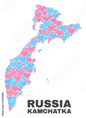 Mosaic Kamchatka map of love hearts in pink and blue colors isolated on a white background. Lovely heart collage in shape of Kamchatka map. Abstract design for Valentine illustrations.