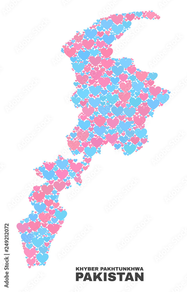 Obraz premium Mosaic Khyber Pakhtunkhwa Province map of love hearts in pink and blue colors isolated on a white background. Lovely heart collage in shape of Khyber Pakhtunkhwa Province map.