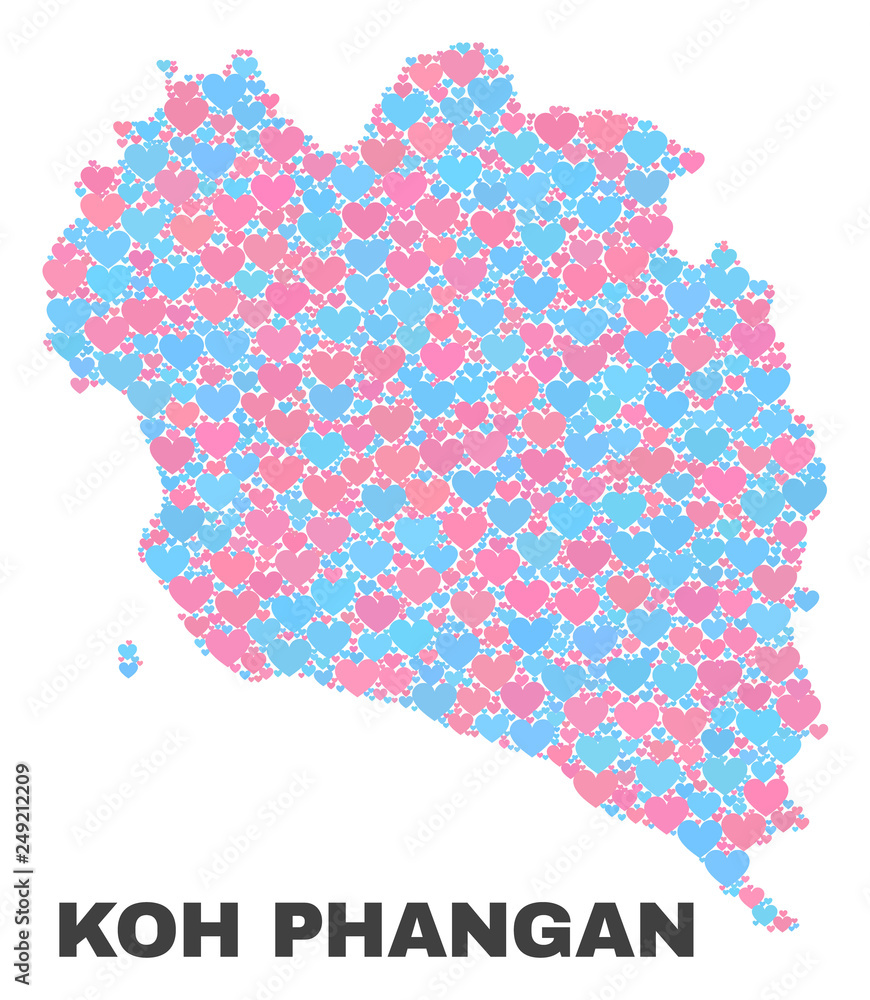 Mosaic Koh Phangan map of love hearts in pink and blue colors isolated on a white background. Lovely heart collage in shape of Koh Phangan map. Abstract design for Valentine illustrations.