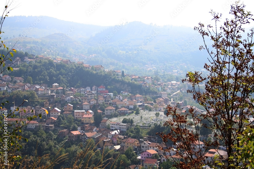 Aerial view of Sarajevo from Yellow Fortress on a sunny day. Aerial view of Sarajevo from Yellow Fortress on a sunny day.