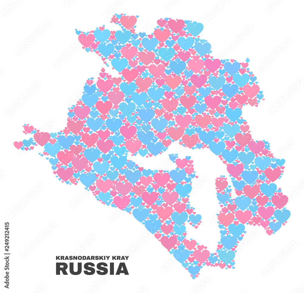 Fototapeta premium Mosaic Krasnodarskiy Kray map of valentine hearts in pink and blue colors isolated on a white background. Lovely heart collage in shape of Krasnodarskiy Kray map.