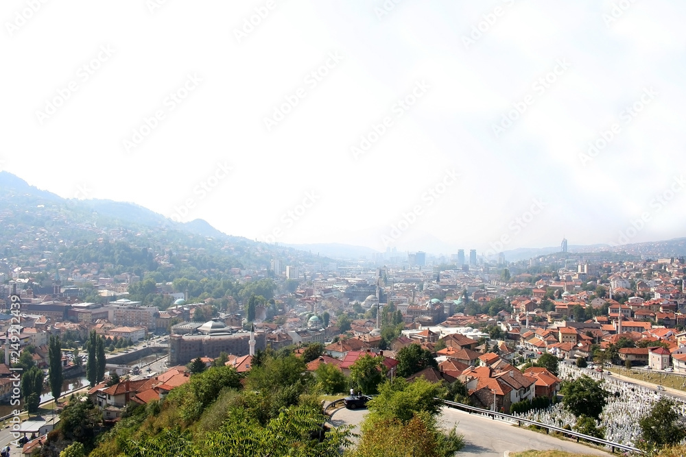 Aerial view of Sarajevo from Yellow Fortress on a sunny day.