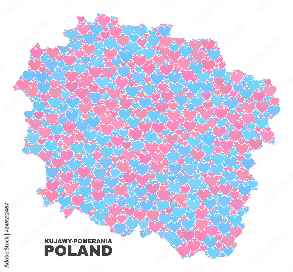 Mosaic Kujawy-Pomerania Province map of lovely hearts in pink and blue colors isolated on a white background. Lovely heart collage in shape of Kujawy-Pomerania Province map.
