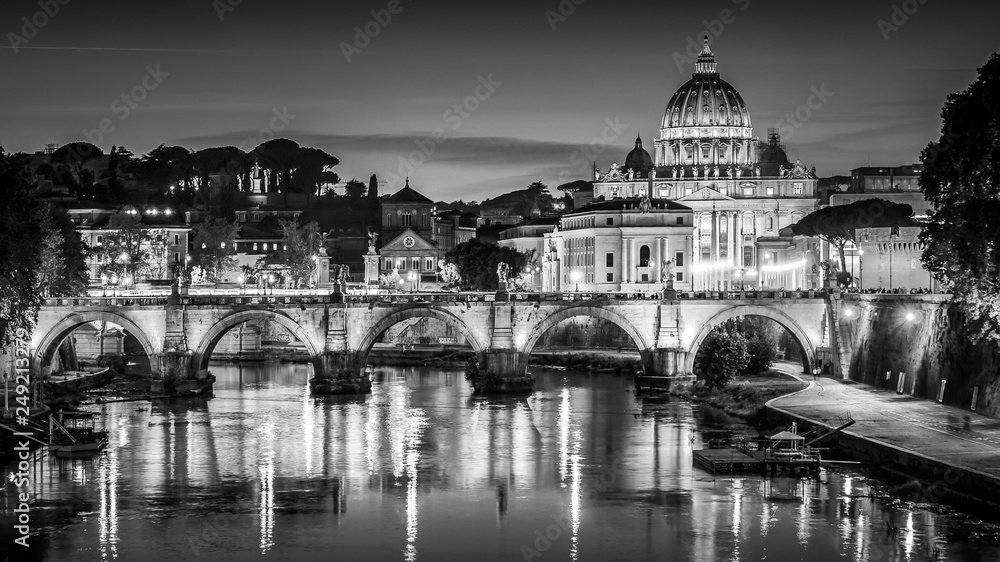 Saint Peters Basilica and Vatican City in Rome, Italy, night