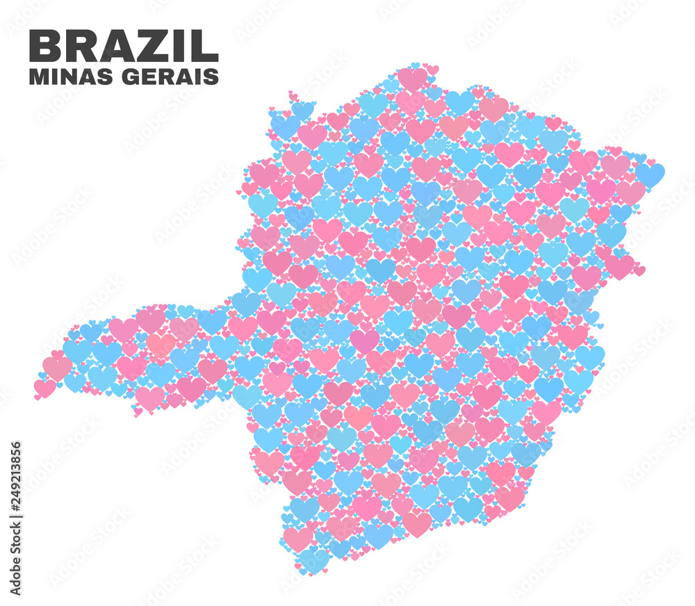 Mosaic Minas Gerais State map of valentine hearts in pink and blue colors isolated on a white background. Lovely heart collage in shape of Minas Gerais State map.