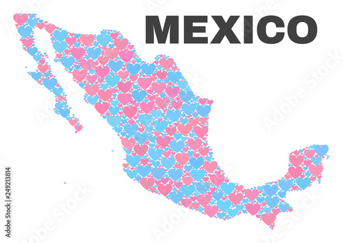 Mosaic Mexico map of lovely hearts in pink and blue colors isolated on a white background. Lovely heart collage in shape of Mexico map. Abstract design for Valentine illustrations.