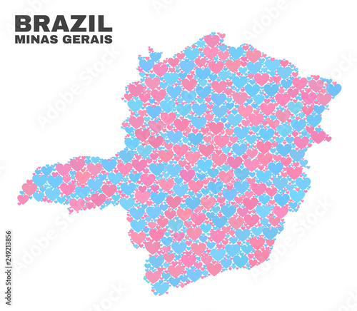 Mosaic Minas Gerais State map of valentine hearts in pink and blue colors isolated on a white background. Lovely heart collage in shape of Minas Gerais State map.
