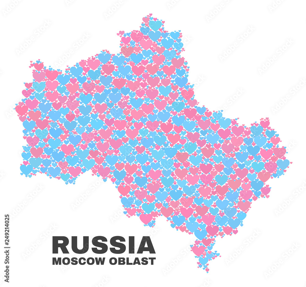Mosaic Moscow Region map of lovely hearts in pink and blue colors isolated on a white background. Lovely heart collage in shape of Moscow Region map. Abstract design for Valentine illustrations.