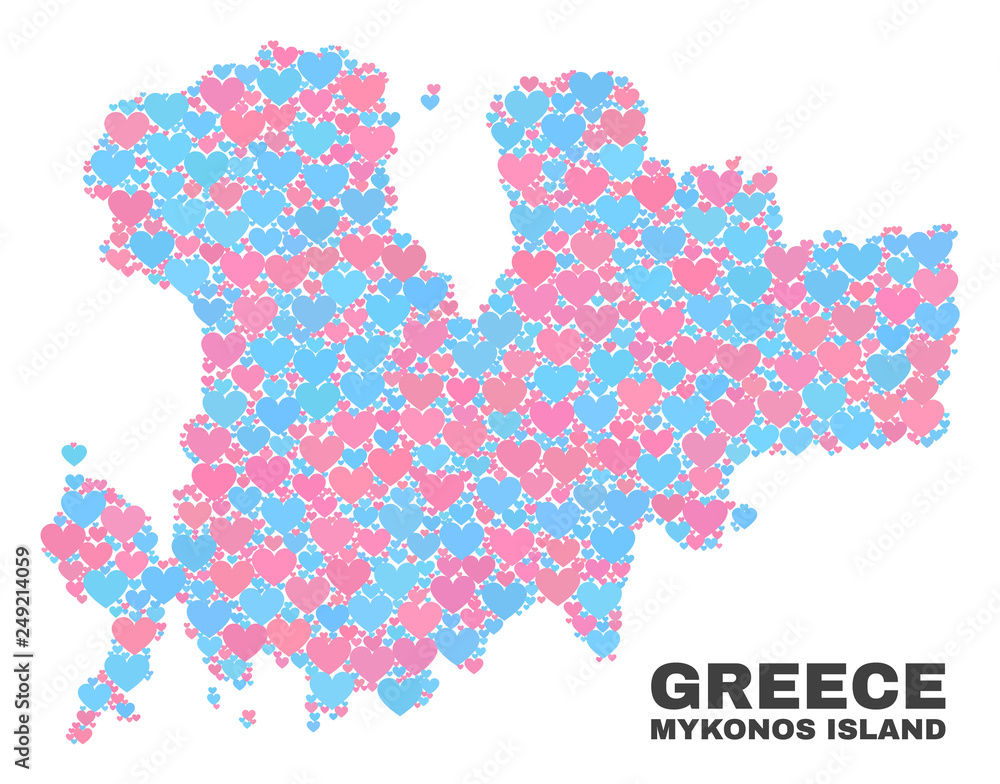 Mosaic Mykonos Island map of love hearts in pink and blue colors isolated on a white background. Lovely heart collage in shape of Mykonos Island map. Abstract design for Valentine illustrations. Mosaic Mykonos Island map of love hearts in pink and blue colors isolated on a white background. Lovely heart collage in shape of Mykonos Island map. Abstract design for Valentine illustrations.