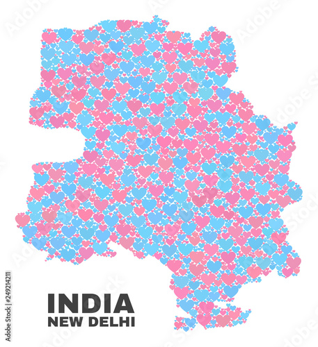 Mosaic New Delhi City map of valentine hearts in pink and blue colors isolated on a white background. Lovely heart collage in shape of New Delhi City map. Abstract design for Valentine decoration.