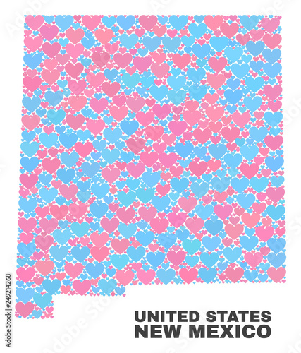 Mosaic New Mexico State map of lovely hearts in pink and blue colors isolated on a white background. Lovely heart collage in shape of New Mexico State map. Abstract design for Valentine illustrations.