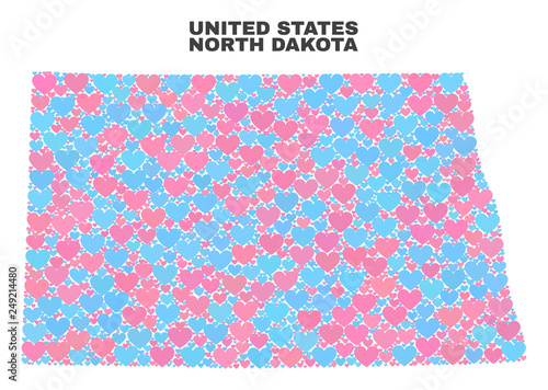 Mosaic North Dakota State map of love hearts in pink and blue colors isolated on a white background. Lovely heart collage in shape of North Dakota State map.