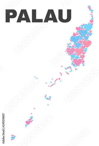 Mosaic Palau map of love hearts in pink and blue colors isolated on a white background. Lovely heart collage in shape of Palau map. Abstract design for Valentine illustrations.