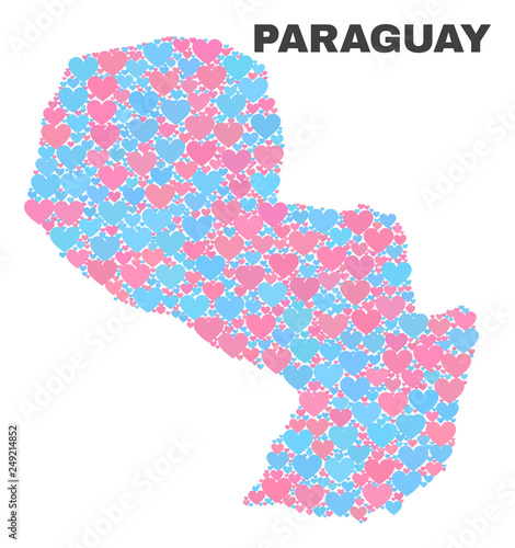 Mosaic Paraguay map of love hearts in pink and blue colors isolated on a white background. Lovely heart collage in shape of Paraguay map. Abstract design for Valentine decoration.
