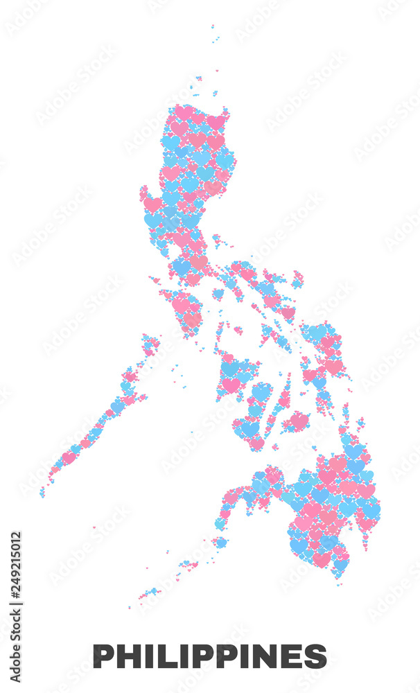 Obraz premium Mosaic Philippines map of lovely hearts in pink and blue colors isolated on a white background. Lovely heart collage in shape of Philippines map. Abstract design for Valentine decoration.