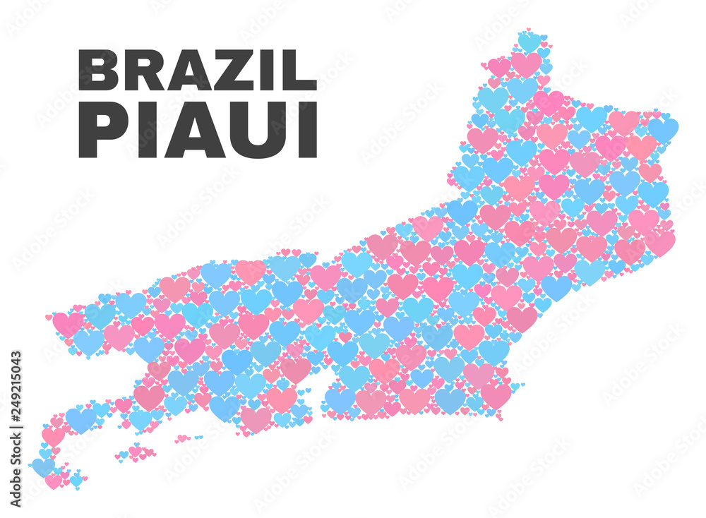 Mosaic Piaui State map of love hearts in pink and blue colors isolated on a white background. Lovely heart collage in shape of Piaui State map. Abstract design for Valentine illustrations.