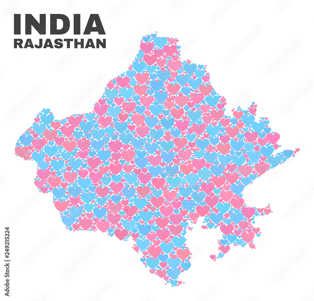 Obraz premium Mosaic Rajasthan State map of lovely hearts in pink and blue colors isolated on a white background. Lovely heart collage in shape of Rajasthan State map. Abstract design for Valentine illustrations.