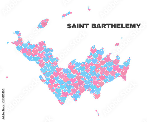 Mosaic Saint Barthelemy map of lovely hearts in pink and blue colors isolated on a white background. Lovely heart collage in shape of Saint Barthelemy map. Abstract design for Valentine decoration.