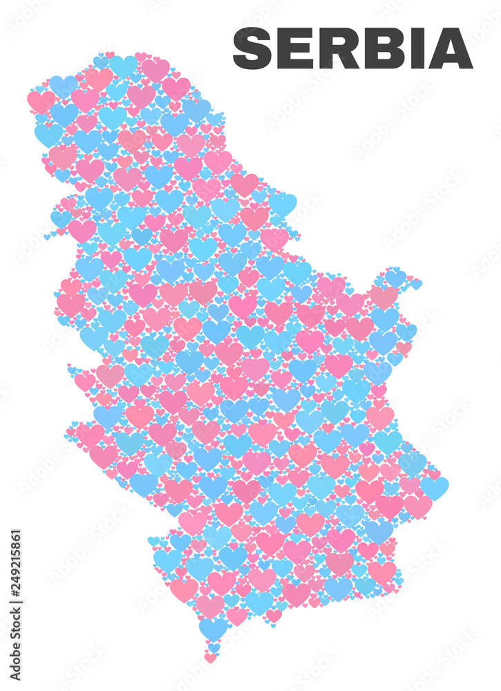 Obraz premium Mosaic Serbia map of lovely hearts in pink and blue colors isolated on a white background. Lovely heart collage in shape of Serbia map. Abstract design for Valentine decoration.