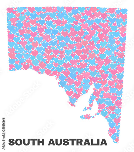 Mosaic South Australia map of love hearts in pink and blue colors isolated on a white background. Lovely heart collage in shape of South Australia map. Abstract design for Valentine illustrations.