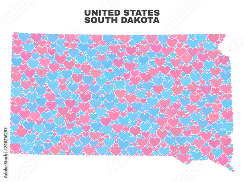 Mosaic South Dakota State map of valentine hearts in pink and blue colors isolated on a white background. Lovely heart collage in shape of South Dakota State map.