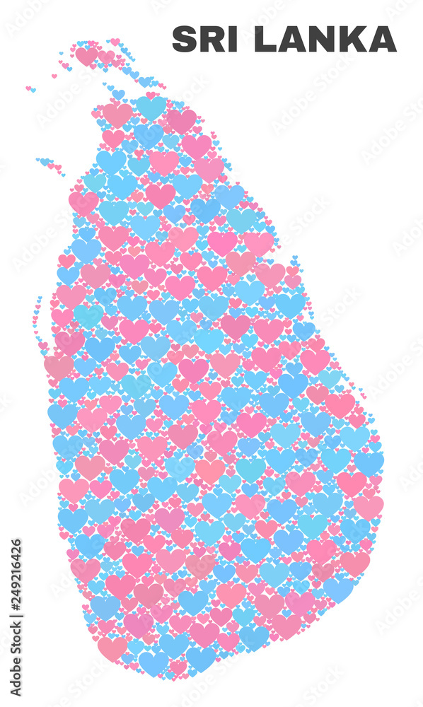 Mosaic Sri Lanka map of valentine hearts in pink and blue colors isolated on a white background. Lovely heart collage in shape of Sri Lanka map. Abstract design for Valentine decoration. Mosaic Sri Lanka map of valentine hearts in pink and blue colors isolated on a white background. Lovely heart collage in shape of Sri Lanka map. Abstract design for Valentine decoration.