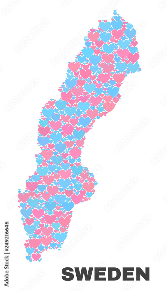 Mosaic Sweden map of lovely hearts in pink and blue colors isolated on a white background. Lovely heart collage in shape of Sweden map. Abstract design for Valentine illustrations. Mosaic Sweden map of lovely hearts in pink and blue colors isolated on a white background. Lovely heart collage in shape of Sweden map. Abstract design for Valentine illustrations.