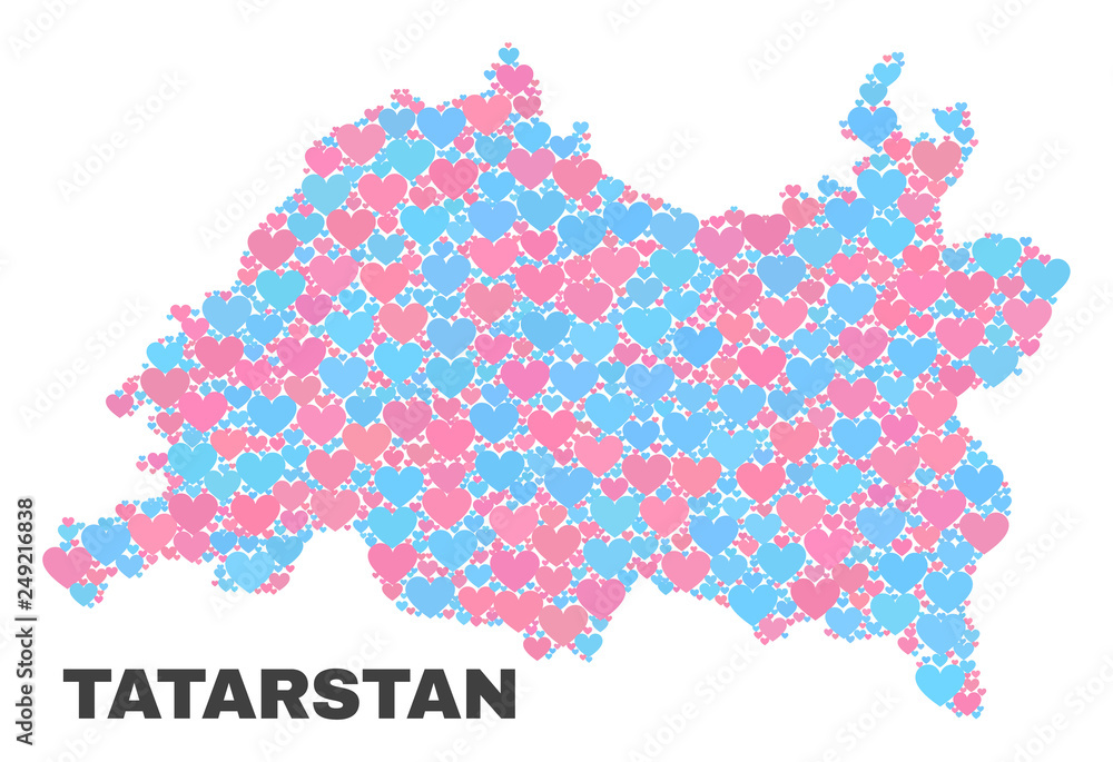 Mosaic Tatarstan map of lovely hearts in pink and blue colors isolated on a white background. Lovely heart collage in shape of Tatarstan map. Abstract design for Valentine decoration.