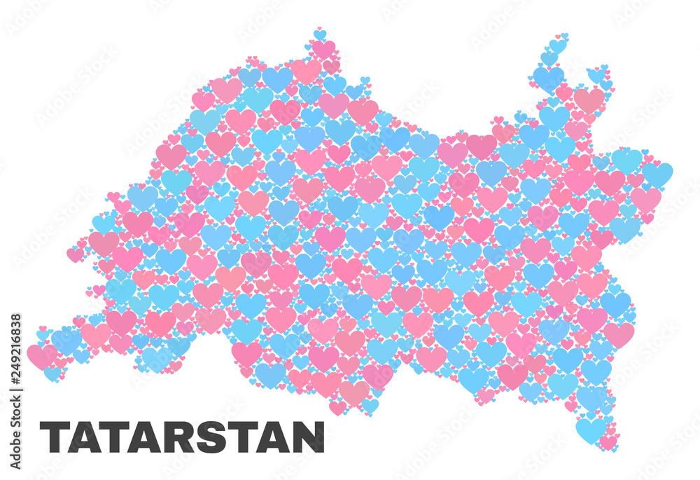 Obraz premium Mosaic Tatarstan map of lovely hearts in pink and blue colors isolated on a white background. Lovely heart collage in shape of Tatarstan map. Abstract design for Valentine decoration.