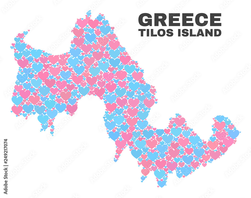 Mosaic Tilos Island map of lovely hearts in pink and blue colors isolated on a white background. Lovely heart collage in shape of Tilos Island map. Abstract design for Valentine illustrations.