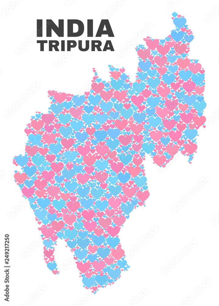 Mosaic Tripura State map of lovely hearts in pink and blue colors isolated on a white background. Lovely heart collage in shape of Tripura State map. Abstract design for Valentine illustrations.