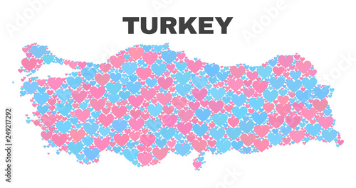 Mosaic Turkey map of love hearts in pink and blue colors isolated on a white background. Lovely heart collage in shape of Turkey map. Abstract design for Valentine decoration.