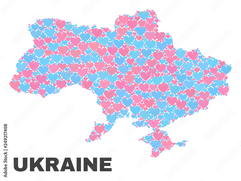 Mosaic Ukraine map of valentine hearts in pink and blue colors isolated on a white background. Lovely heart collage in shape of Ukraine map. Abstract design for Valentine illustrations.