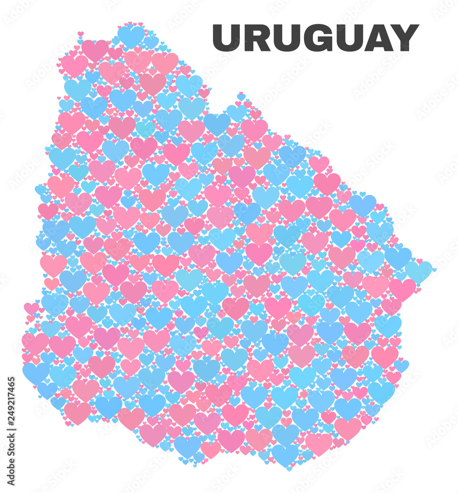 Mosaic Uruguay map of love hearts in pink and blue colors isolated on a white background. Lovely heart collage in shape of Uruguay map. Abstract design for Valentine illustrations.