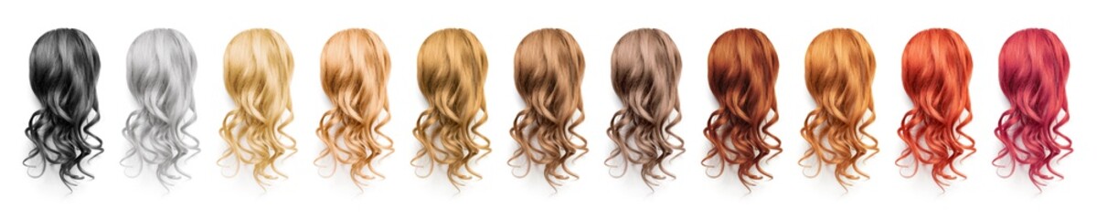 Collection various colors of wavy hair on white background