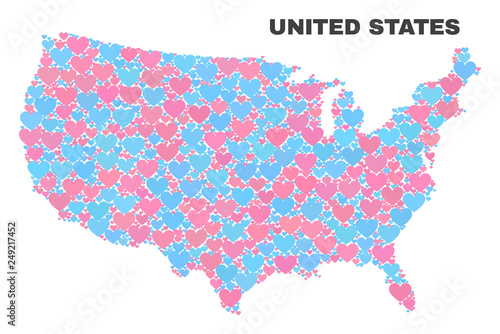 Mosaic United States map of valentine hearts in pink and blue colors isolated on a white background. Lovely heart collage in shape of United States map. Abstract design for Valentine illustrations.