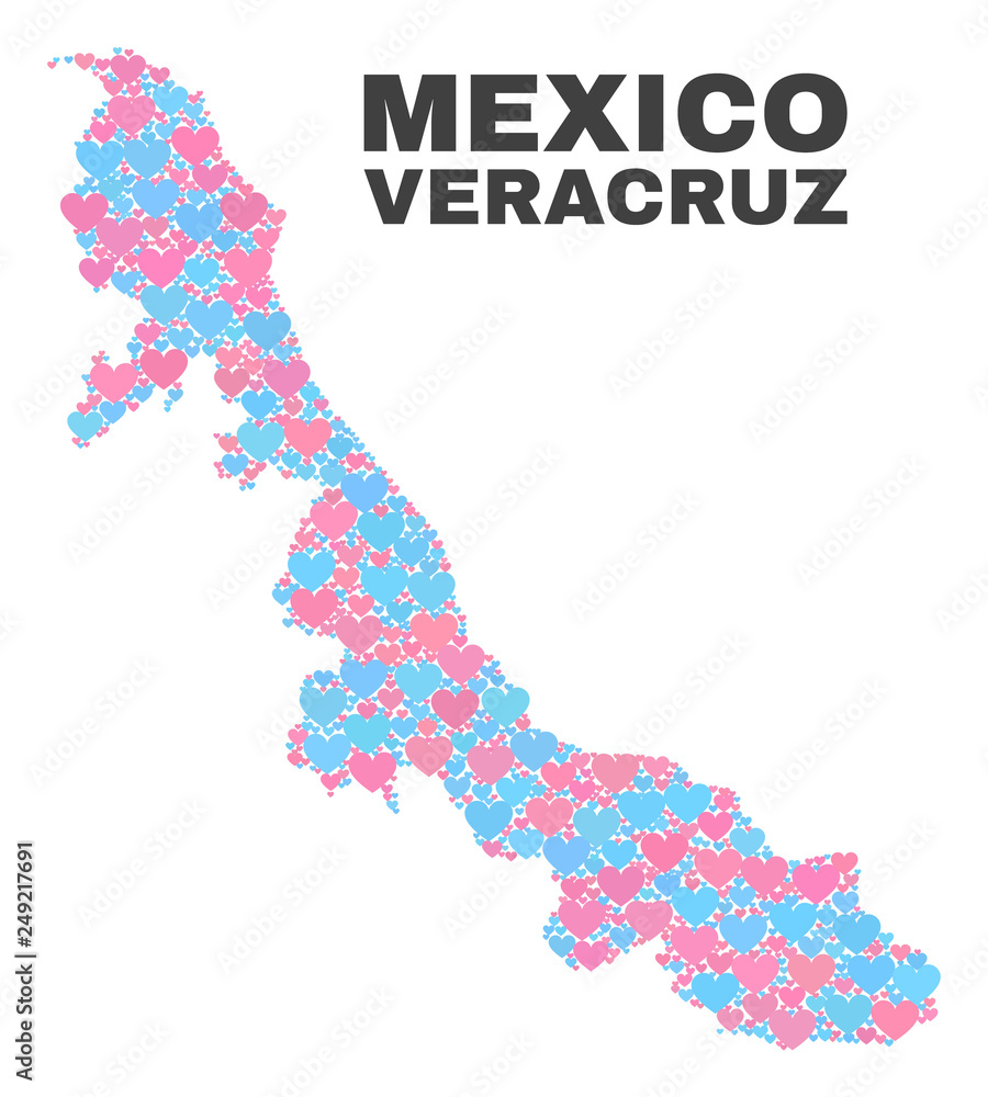Mosaic Veracruz State map of valentine hearts in pink and blue colors isolated on a white background. Lovely heart collage in shape of Veracruz State map. Abstract design for Valentine illustrations.