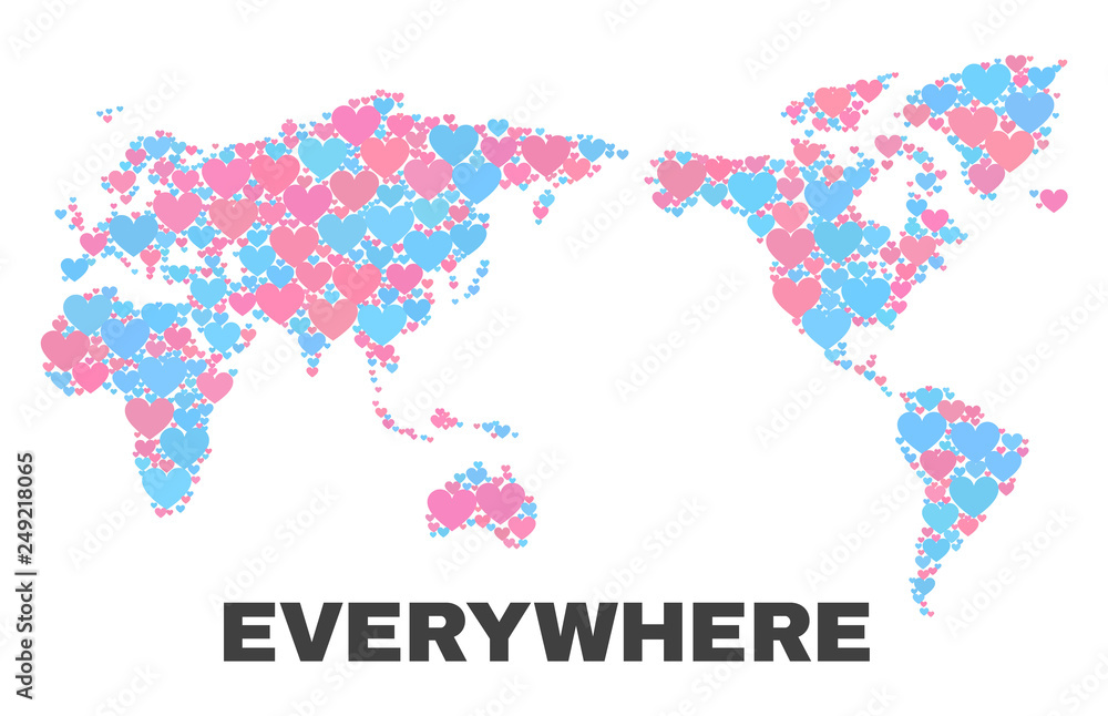 Fototapeta premium Mosaic world map of lovely hearts in pink and blue colors isolated on a white background. Lovely heart collage in shape of world map. Abstract design for Valentine illustrations.
