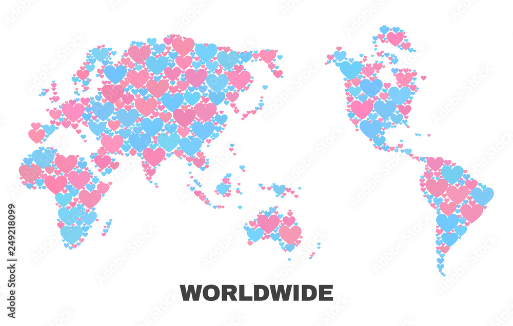 Fototapeta premium Mosaic worldwide map of love hearts in pink and blue colors isolated on a white background. Lovely heart collage in shape of worldwide map. Abstract design for Valentine decoration.