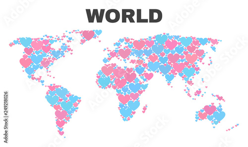 Mosaic world map of love hearts in pink and blue colors isolated on a white background. Lovely heart collage in shape of world map. Abstract design for Valentine illustrations.