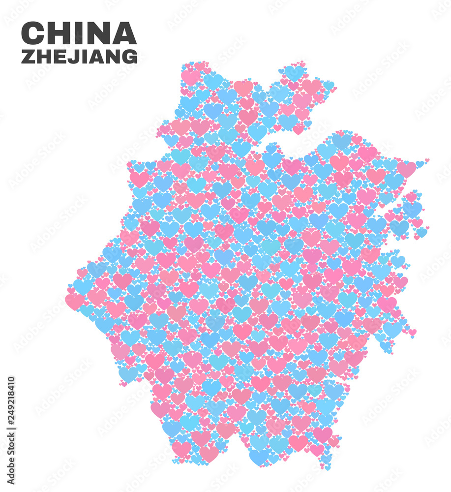 Mosaic Zhejiang Province map of valentine hearts in pink and blue colors isolated on a white background. Lovely heart collage in shape of Zhejiang Province map.