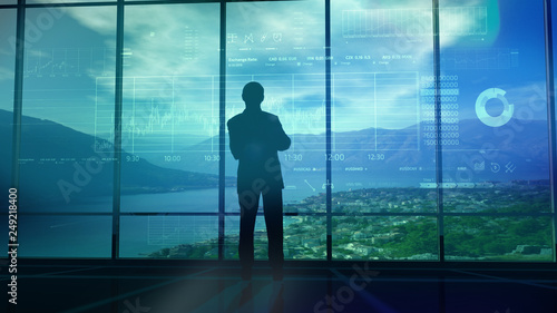 Silhouette of a trader in the office before infographics