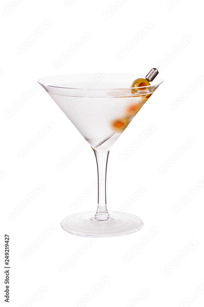 Refreshing Vodka Martini Cocktail with Olives on White Refreshing Vodka Martini Cocktail with Olives on White