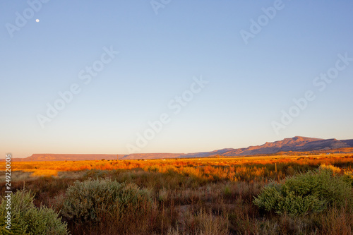 New Mexico desert landscape at sunrise with moon in a clear blue sky