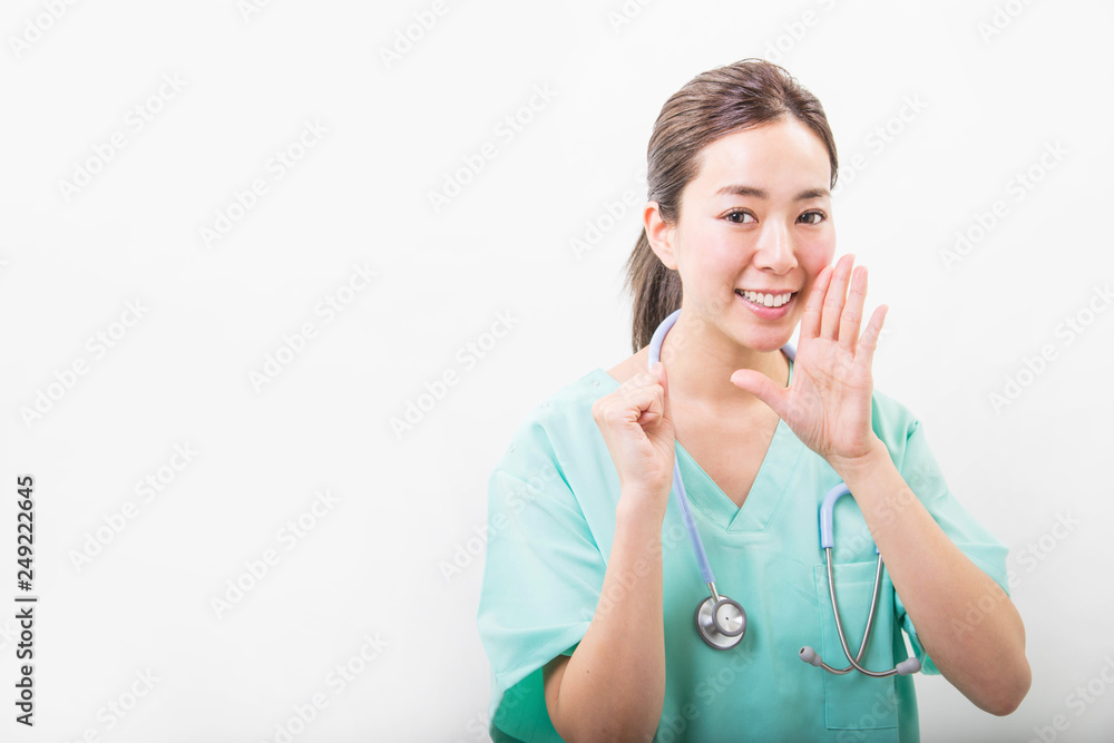 Young doctor woman wearing medical nurse uniform over isolated white background with a happy smile Young doctor woman wearing medical nurse uniform over isolated white background with a happy smile