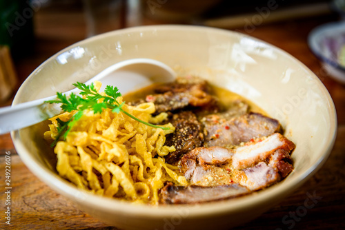 Khao soy. Traditional northern Thai food. Thai curry with noodle with meat.