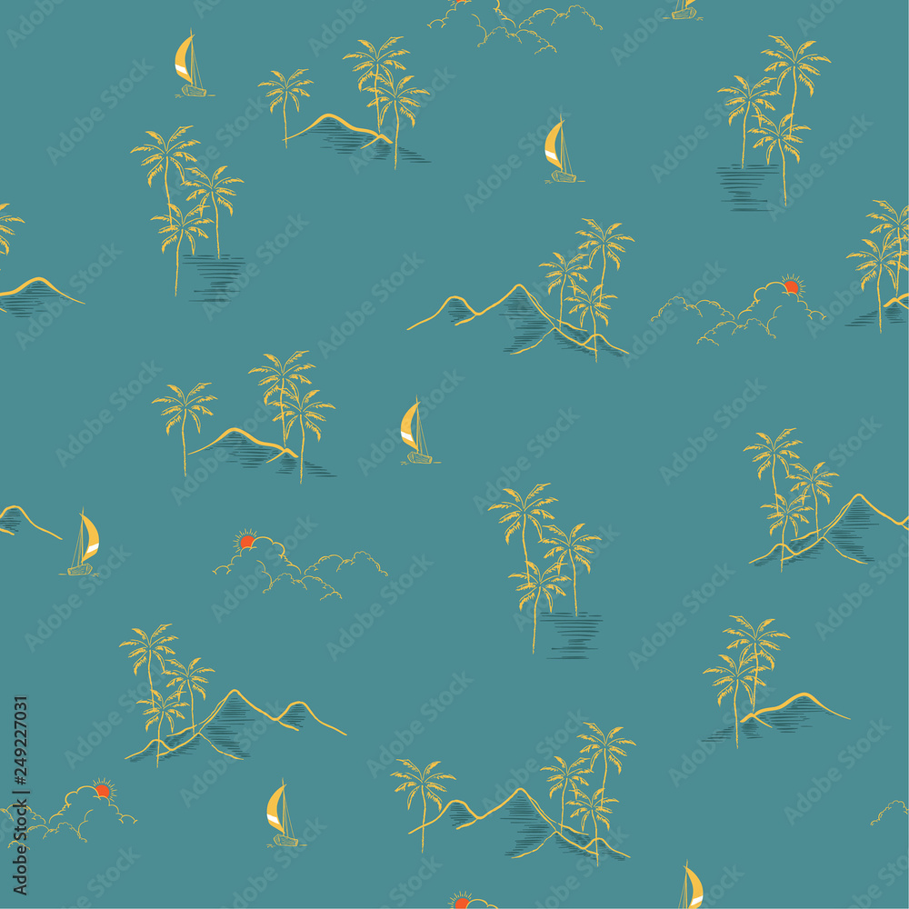 Retro Hand drawn summer  island tropical  seamless pattern vector regular repeat design for fashion,wallpaper,and all prints